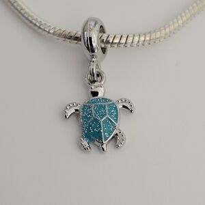New! For Pandora Charm Bracelet Glitter Blue Silver Color Turtle Dangle Charm